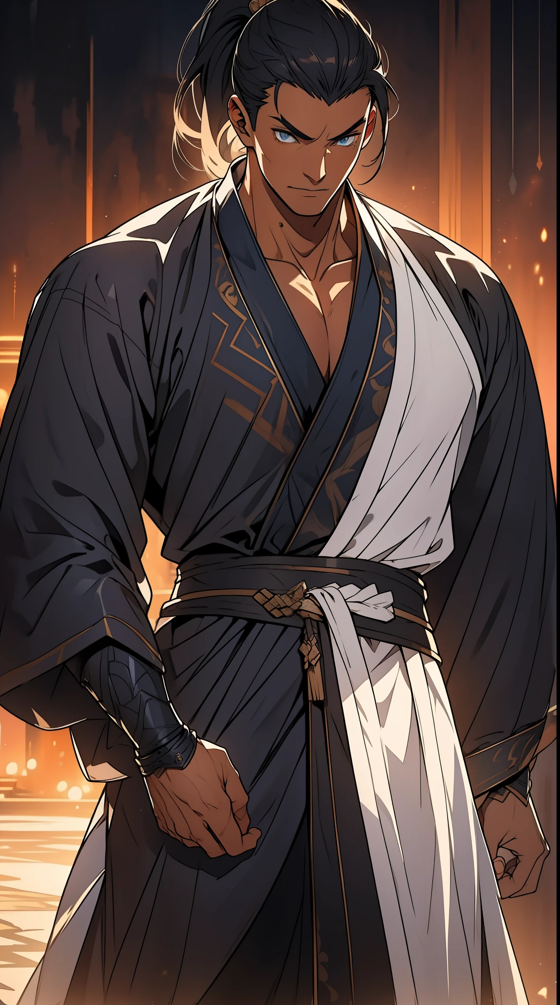 quadratic element,style of anime,mtu(Male Warrior),The proportions are correct,Face details,swordsmen,High ponytail hairstyle,Neck details,There is an Adam's apple,White robe,kaftan,long white robe,clothes details,Handing over,longer sleeves,Game quality,Swordsmanship,Light and shadow tracking,Ray traching,detailed glow,cg render,hair detail,cabelos preto e longos,blue colored eyes,Handsome,Handsome,(juvenile sense),Clothing is complicated,Perfectcomposition,Refinement,high qulity,higher details,Lots of details,The background is complex,a sense of atmosphere,