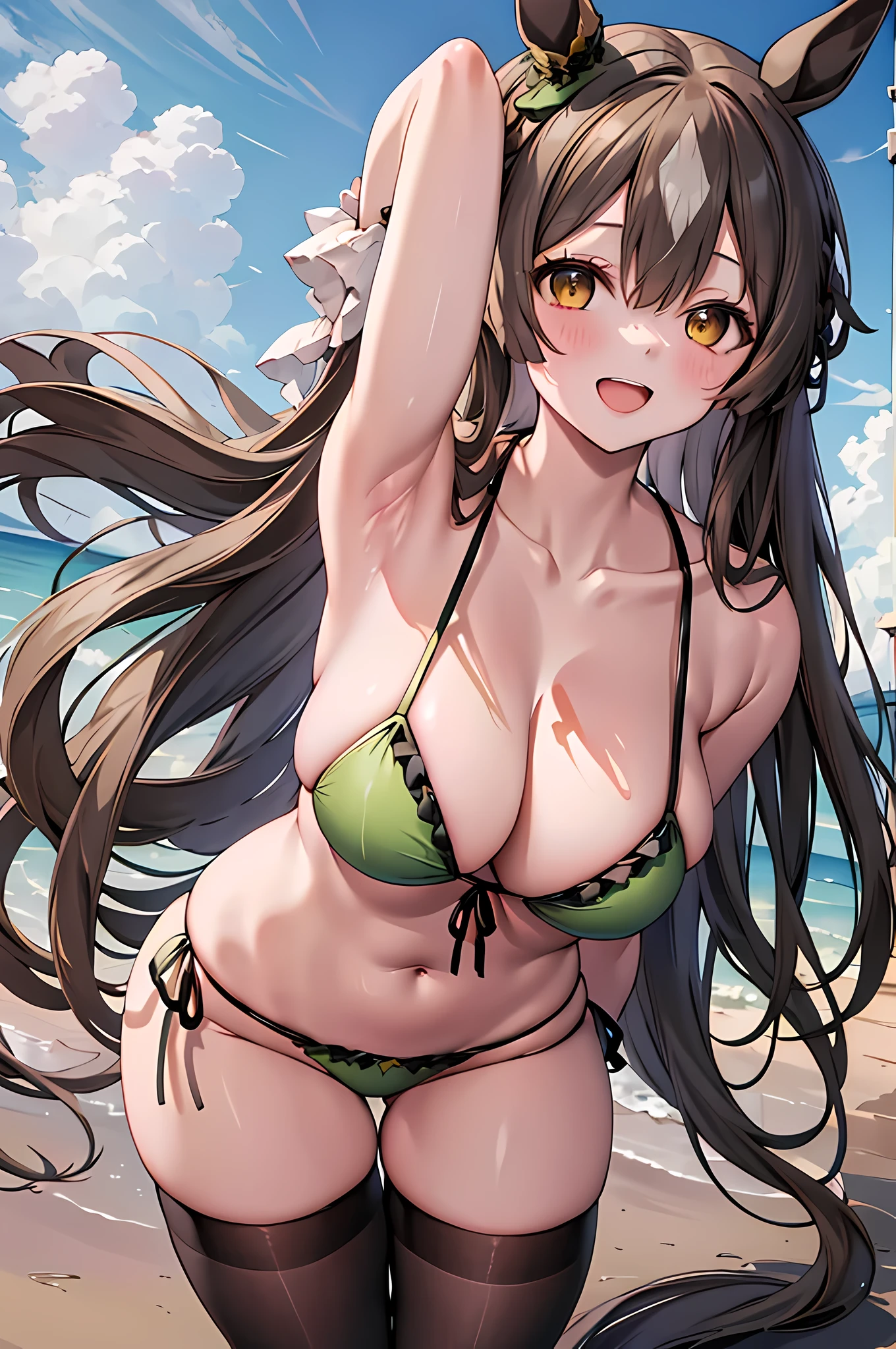 masterpiece, best quality, highres, aasato, long hair, half updo, braid, hair between eyes, animal ears, ear ornament, horse tail, large breasts, frills, green swimsuit, 2 piece bikini, black thighhighs, cowboy shot, standing, outdoors, smile, open mouth, cleavage, armpits, hyper detail, nice body