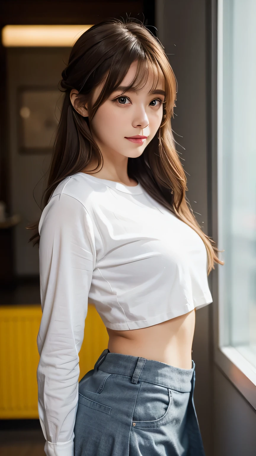 (very delicate and beautiful: 1.2), 1 girl, robber girl, bangs, cute eyes, bow, brown hair, closed mouth, Landscape, hair between eyes, hair bow, long sleeves, looking at the viewer, medium hair, alone, Upper body, Short : 1.3, ((alone)), (masterpiece), blonde、Poses with different movements、With a smile、micro hort shirt、show your belly button