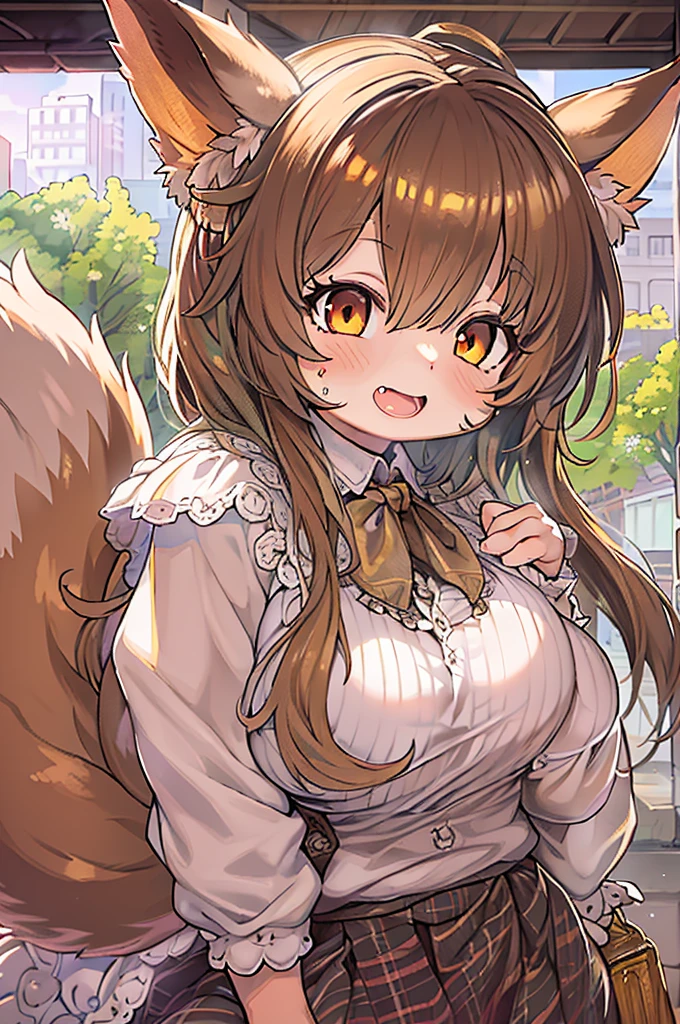 of the highest quality, 1girl in, (Skin Hollow), (large full breasts), (day), Bright, Background blur, Outdoors, (Street:0.6), (hair:1.5), (Blouse:1.5), Gorgeous, (Hair float:1.5), Soft light, Wind, garden, Street,Fox, (Monster Girl), long brown ears with a dark brown inside,,,,,, brown fur, Sunburned neck fluff, brown fluffy tail with a yellow-brown tip,,,,,, Big brown eyes, wearing modest clothing, masutepiece, Best Quality、Nanachi、Chibi、huge-breasted、bbw、Ultramammy、Halloween、Happy halloween