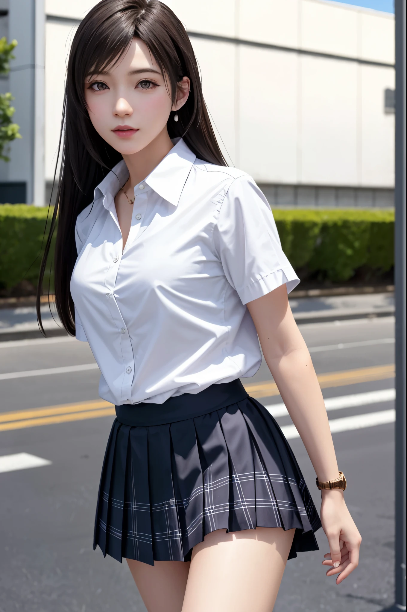 (top quality, masutepiece: 1.1), (Realistic: 1.3), BREAK (((FF7,Tifa_lockhart))),(solo,Tifa:1.2),(japanese ,high school student, Plaid pleated skirt:1.5,button-down white shirt:1.3) ,(autumn,walking, outdoor),(cool walking:1.3),Ultra-detailed face:1.3, Detailed eyes,Red eyes, BREAK (((FF7,Tifa_lockhart))),(light brown hair, Large breasts: 1.0), BREAK  About 18 years old,kawaii,zettai_ryouiki:1.1,looking ahead:1.3,cowboy shot,beautiful legs,have nice legs,legs focus