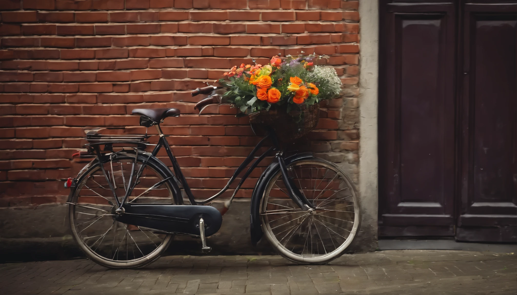 An old bicycle against a brick wall in Berlin. Flowers in handlebar basket, Graffiti on the wall. Shot from a distance, bokeh