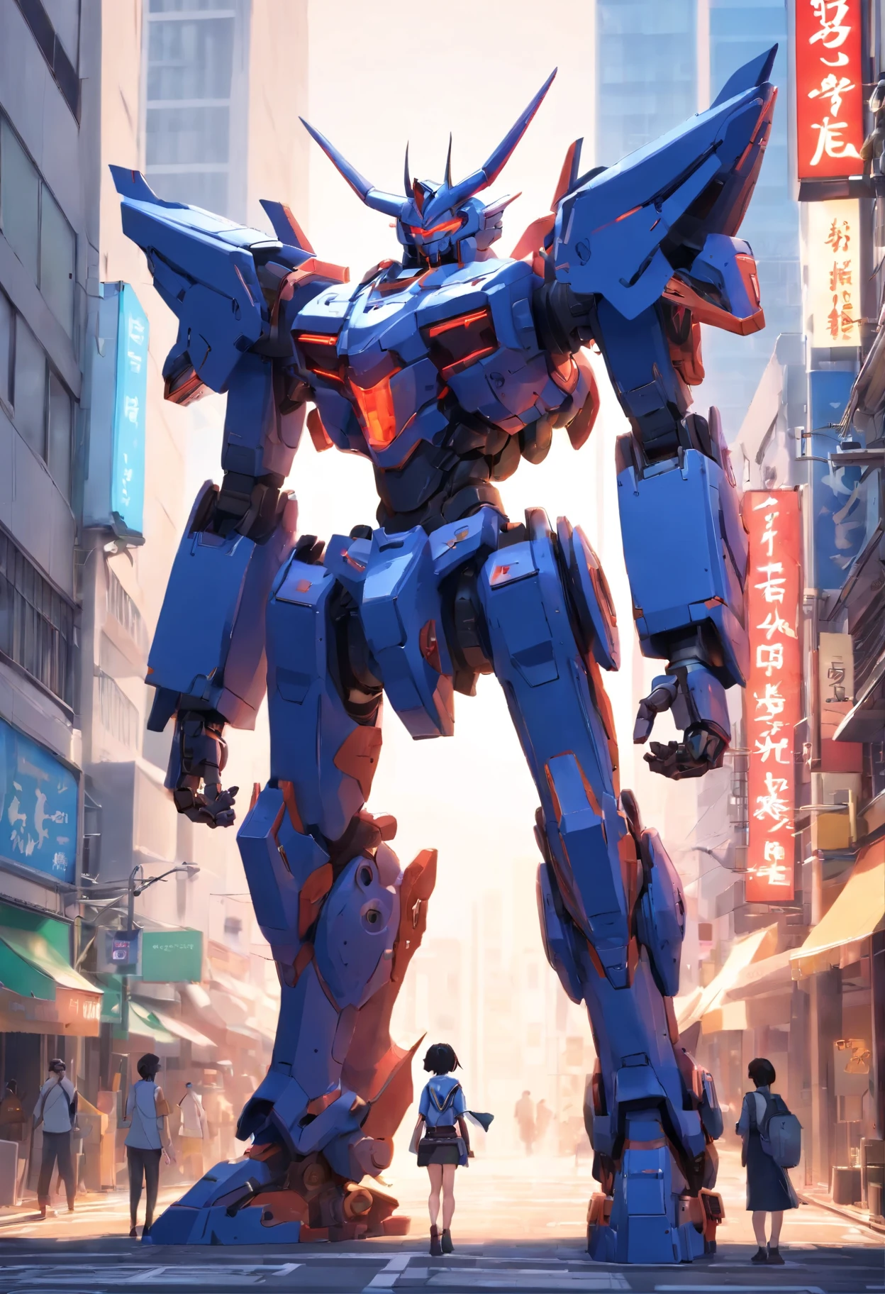 (Demon God Mecha, 3D rendering), background city street center, clear HD, 8K resolution, very detailed, digital painting, concept art, Shinkai Makoto style, pop popularization trend, pop, pop trend on pixiv.