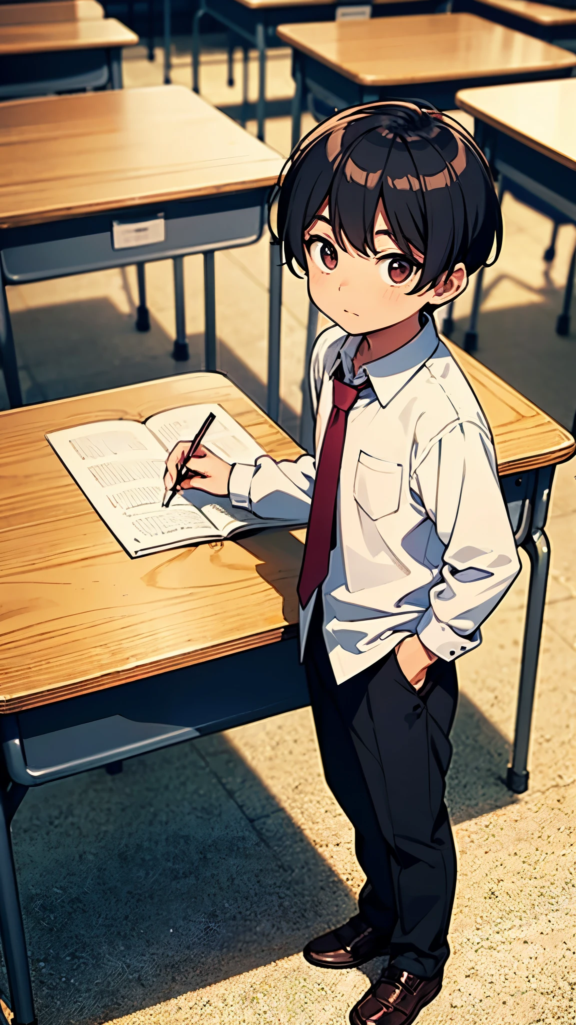 Little boy Johnny standing out in the class room with his female teacher and his class mate sitting on chair, ready to share a story with a moral.