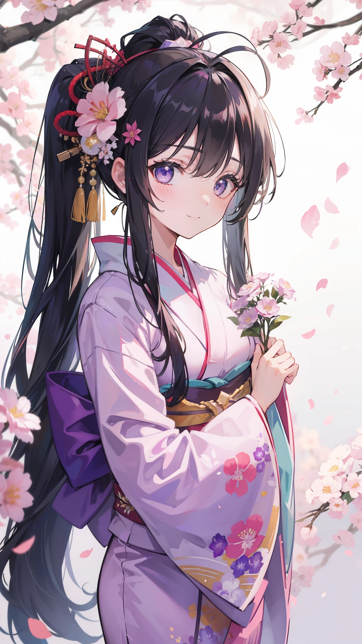 32k, 1girl, solo, long hair, looking at viewer, blush, smile, bangs, hair ornament, long sleeves, closed mouth, standing, ponytail, flower, japanese clothes, hair flower, wide sleeves, kimono, sash, depth of field, （Japanese style background）, obi, antenna hair, high ponytail, pink flower, purple flower, purple kimono, zouri,