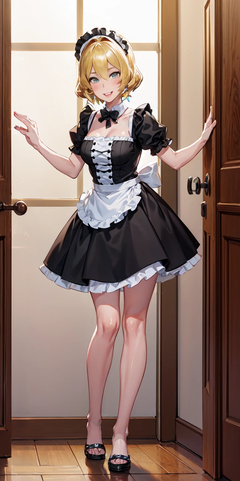1girl, cute, ((Short black hair girl and long blonde hair girl)), maid victorian, maid apron, straight face, dazed, Body position: Standing, straight, symmetrical, barefoot, Lustful smile on face with red blush,