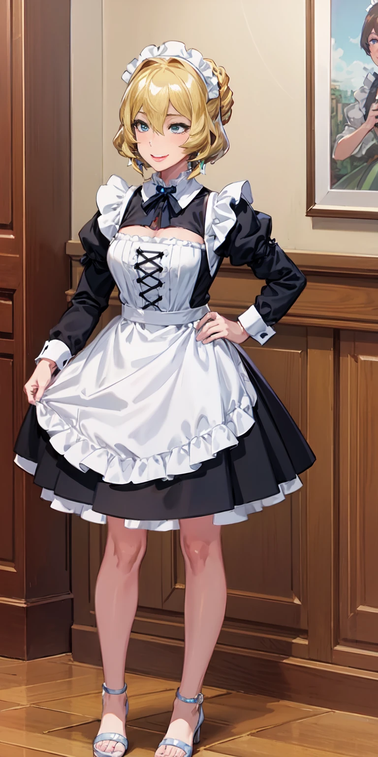 1girl, cute, ((Short black hair girl and long blonde hair girl)), maid victorian, maid apron, straight face, dazed, Body position: Standing, straight, symmetrical, barefoot, Lustful smile on face with red blush,
