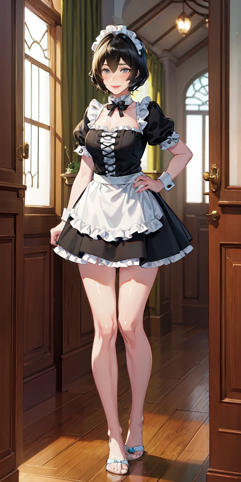 1girl, cute, ((Short black hair girl and long blonde hair girl)), maid victorian, maid apron, straight face, dazed, Body position: Standing, straight, symmetrical, barefoot, Lustful smile on face with red blush,
