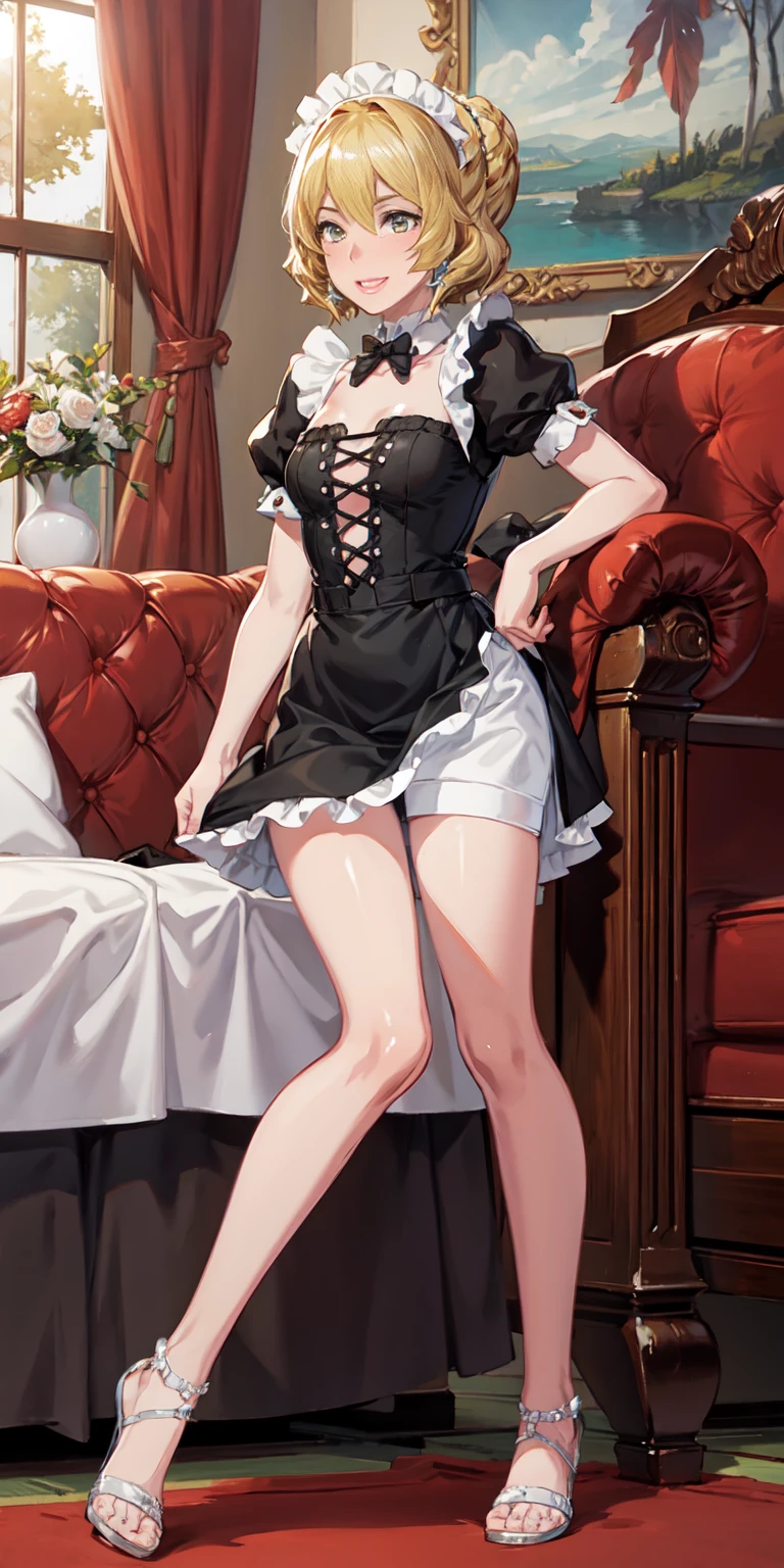 1girl, cute, ((Short black hair girl and long blonde hair girl)), maid victorian, maid apron, straight face, dazed, Body position: Standing, straight, symmetrical, barefoot, Lustful smile on face with red blush,
