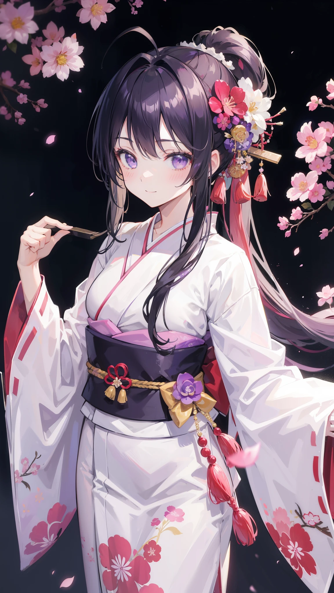 32k, 1girl, solo, long hair, looking at viewer, blush, smile, bangs, hair ornament, long sleeves, closed mouth, standing, ponytail, flower, japanese clothes, hair flower, wide sleeves, kimono, sash, depth of field, （Japanese style background）, obi, antenna hair, high ponytail, pink flower, purple flower, purple kimono, zouri,