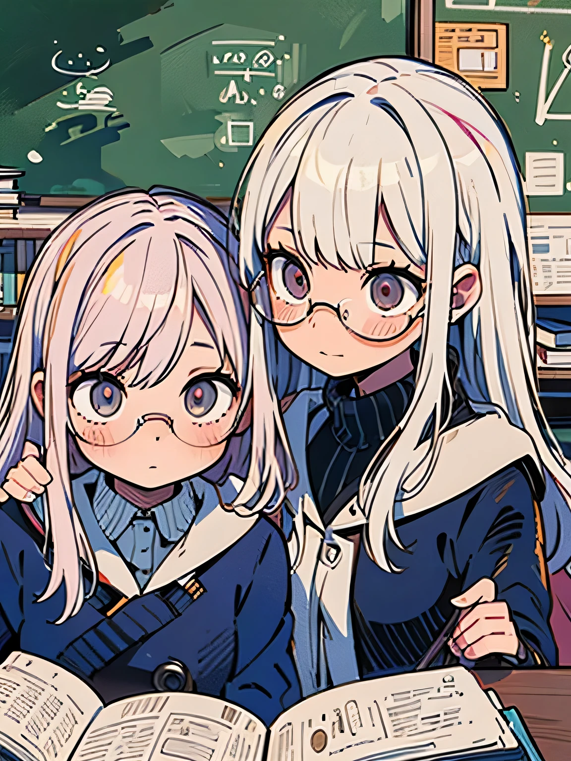 At dusk, in a classroom bathed in warm twilight, two girls are engrossed in reading. One with white hair, wearing glasses, captivated by a book, while the other, also a girl, shares the moment beside her. The atmosphere should convey the tranquility of the evening. Emphasize the details of glasses, the twilight ambiance, and the serene expressions of the two readers. Include a blackboard in the background to enhance the classroom setting. Generate a high-quality image that captures the essence of peaceful reading in a quiet, end-of-day classroom.