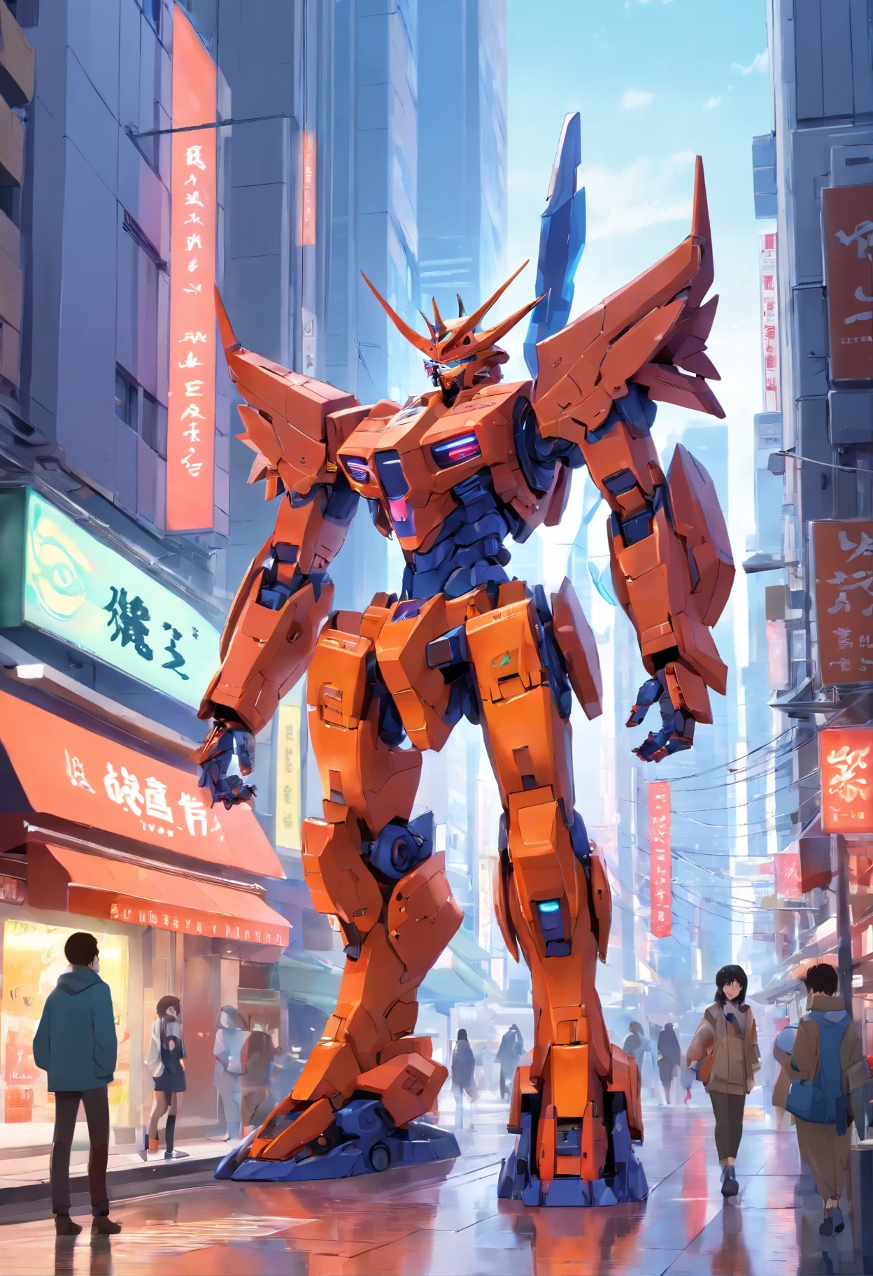 (Demon God Mecha, 3D rendering), background city street center, clear HD, 8K resolution, very detailed, digital painting, concept art, Shinkai Makoto style, pop popularization trend, pop, pop trend on pixiv.