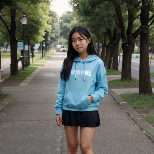 12 year old Asian girl wearing a  with a short skirt, light blue knee-high socks and black shoes on a path surrounded by trees and you can see the face of an older man with a hoodie watching 