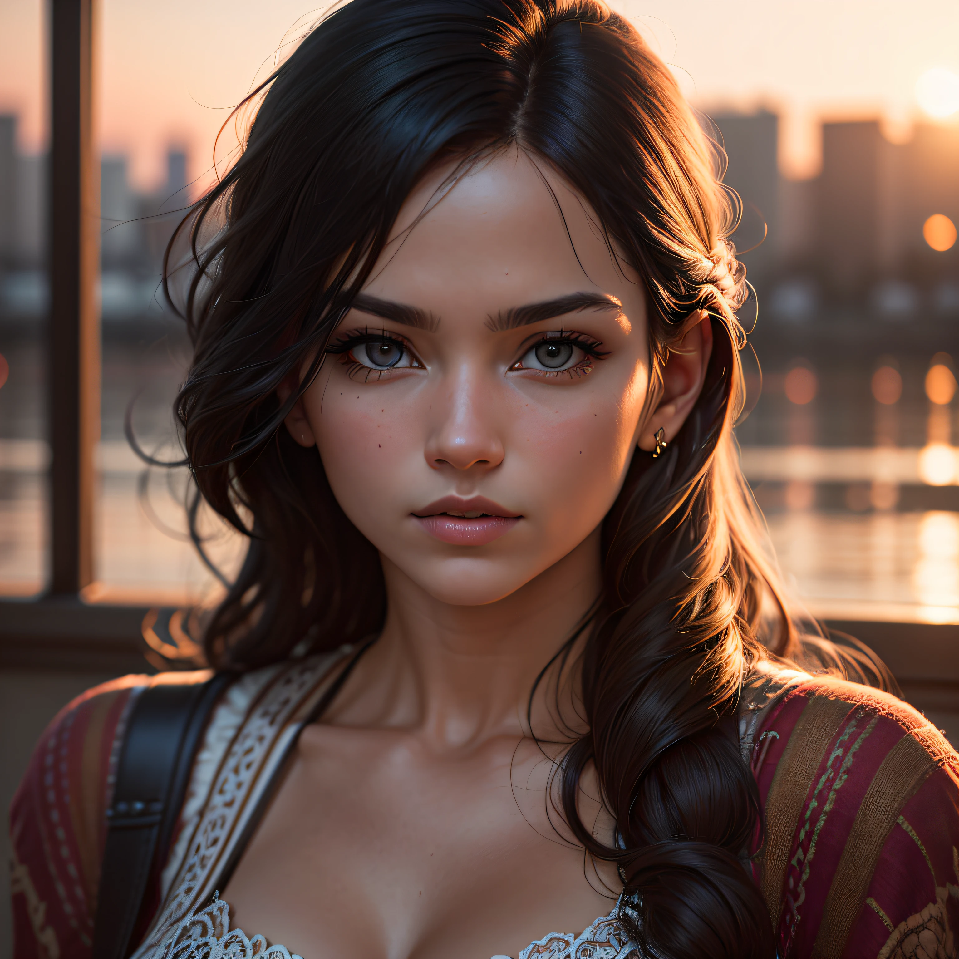 dvArchModern, 85mm, f1.8, portrait, photo realistic, hyperrealistic, orante, super detailed, intricate, dramatic, sunset lighting, shadows, high dynamic range --auto