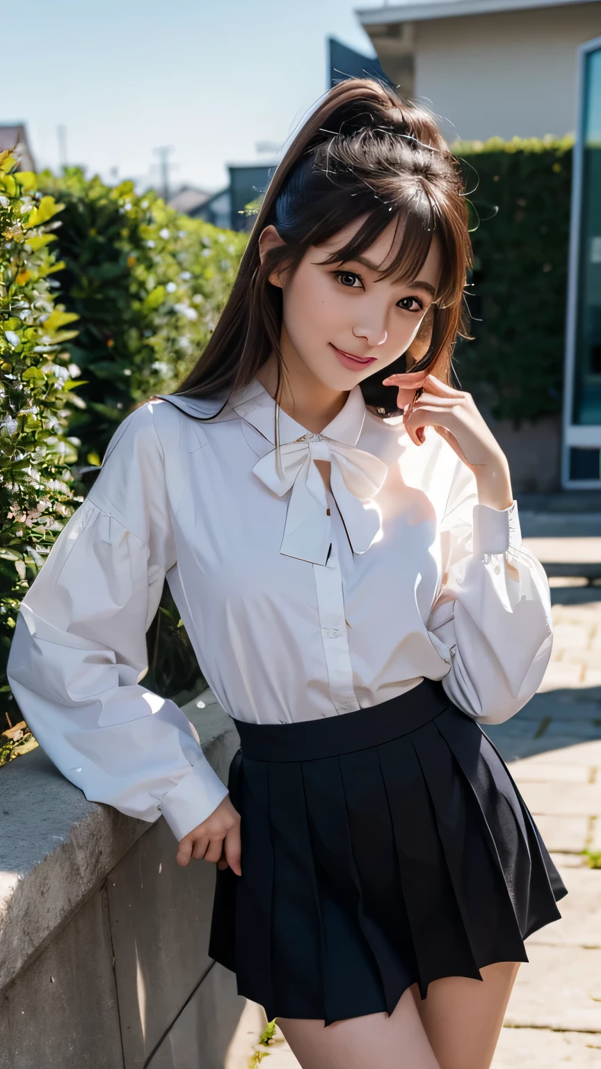 (very delicate and beautiful: 1.2), 1 girl, robber girl, bangs, cute eyes, bow, brown hair, closed mouth, Landscape, hair between eyes, hair bow, long sleeves, looking at the viewer, medium hair, alone, Upper body, Short : 1.3, ((alone)), (masterpiece), blonde、Poses with different movements、With a smile、mini skirt、