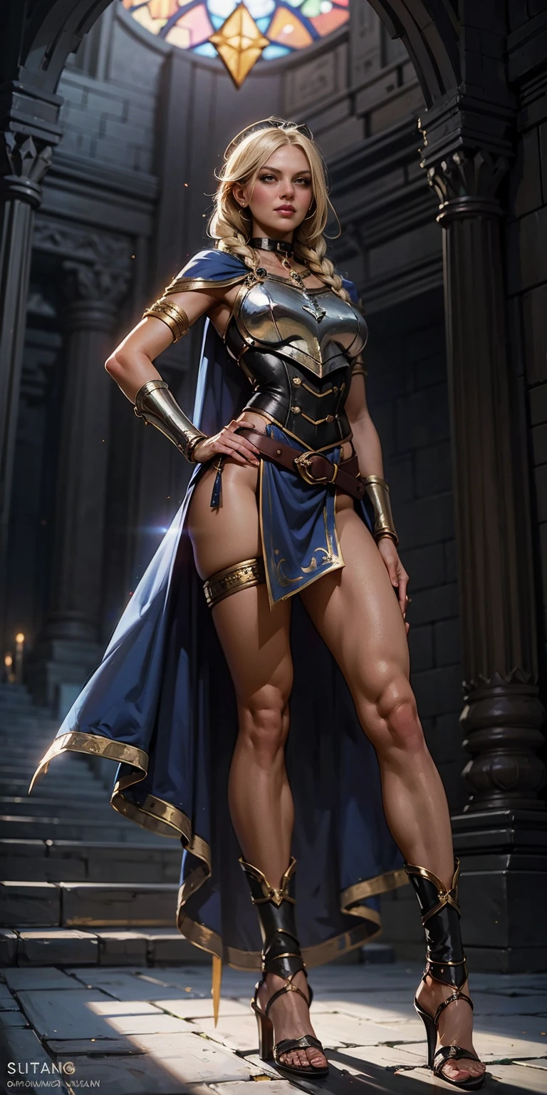 paladin lady in ornate golden armor, black collar, pauldrons, breastplate, corset, glowing halo, single braid, blonde, yellow glowing eyes, bright pupils, eye focus, red cape, temple indoors, stained glass windows, night, moonlight, particles, light beam, chromatic aberration, (full body, whole body. 1solo (girl). slave fighter, loincloth standing, hands on hips full body, whole body. 1solo (girl). slave fighter, loincloth standing, hands on hips, metal sandals, backpack, choker, big belt, view from below, feet together, bracers, tiara)
