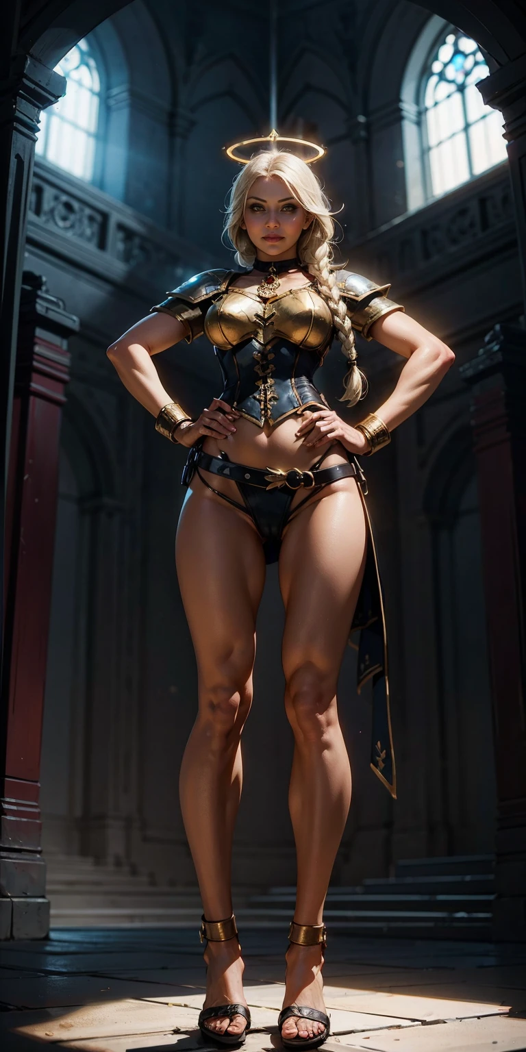 paladin lady in ornate golden armor, black collar, pauldrons, breastplate, corset, glowing halo, single braid, blonde, yellow glowing eyes, bright pupils, eye focus, red cape, temple indoors, stained glass windows, night, moonlight, particles, light beam, chromatic aberration, (full body, whole body. 1solo (girl). slave fighter, loincloth standing, hands on hips full body, whole body. 1solo (girl). slave fighter, loincloth standing, hands on hips, metal sandals, backpack, choker, big belt, view from below, feet together, bracers, tiara)