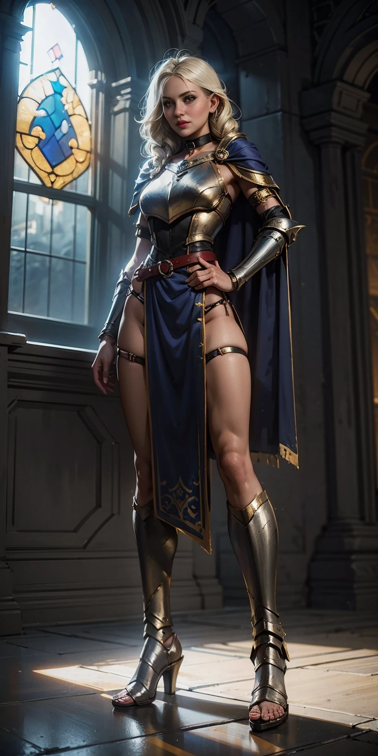 paladin lady in ornate golden armor, black collar, pauldrons, breastplate, corset, glowing halo, single braid, blonde, yellow glowing eyes, bright pupils, eye focus, red cape, temple indoors, stained glass windows, night, moonlight, particles, light beam, chromatic aberration, (full body, whole body. 1solo (girl). slave fighter, loincloth standing, hands on hips full body, whole body. 1solo (girl). slave fighter, loincloth standing, hands on hips, metal sandals, backpack, choker, big belt, view from below, feet together, bracers, tiara)
