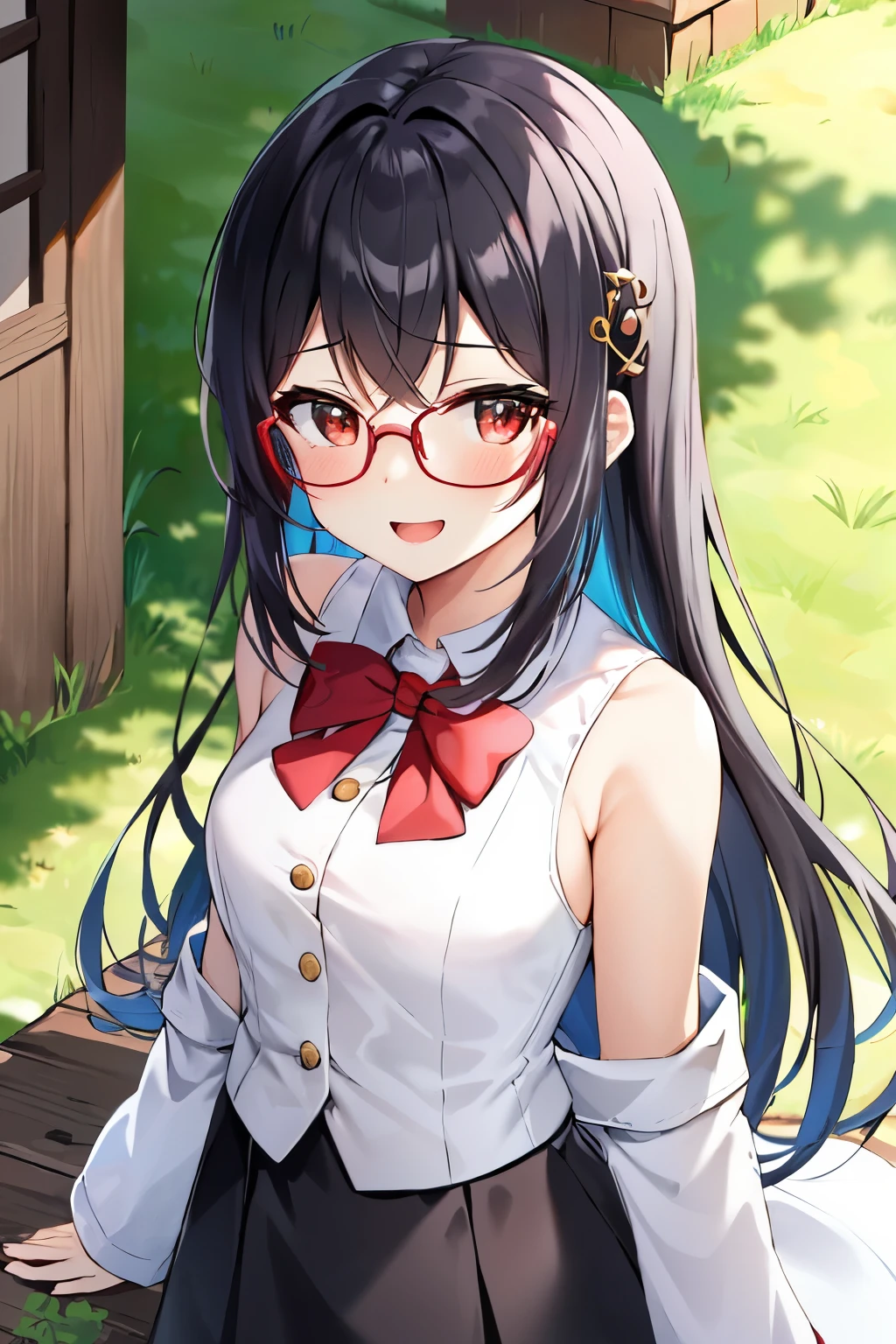 masterpiece, best quality, purah, red glasses, hair ornament, white jacket, sleeveless shirt, black skirt, upper body, from above, looking at viewer, smile, open mouth, furrowed brow, rustic village