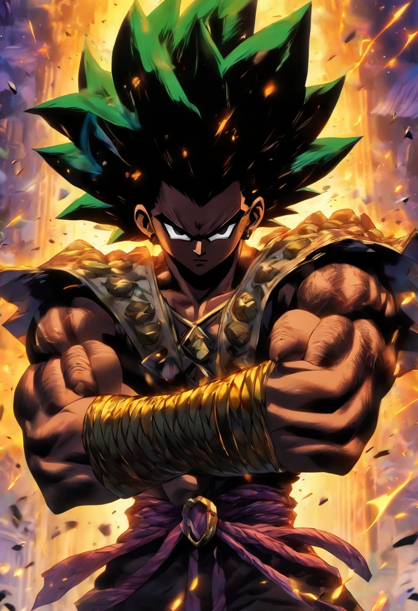 Um homem negro, gordo ((1,75cm_123kg)), usando roupas de guerreiros africanos antigos , carrying a shield in his left arm and a spear in his right arm, com poderes da terra e tendo um stand ((Jojo)) das sobras chamado "castle of Glass" , usando cabelo dread ((corpo_todo)) 