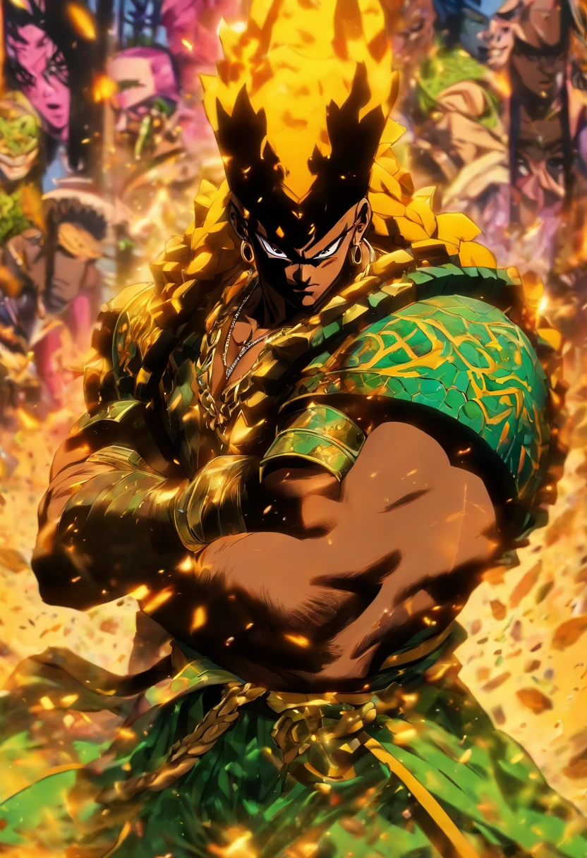 Um homem negro, gordo ((1,75cm_123kg)), usando roupas de guerreiros africanos antigos , carrying a shield in his left arm and a spear in his right arm, com poderes da terra e tendo um stand ((Jojo)) das sobras chamado "castle of Glass" , usando cabelo dread ((corpo_todo))