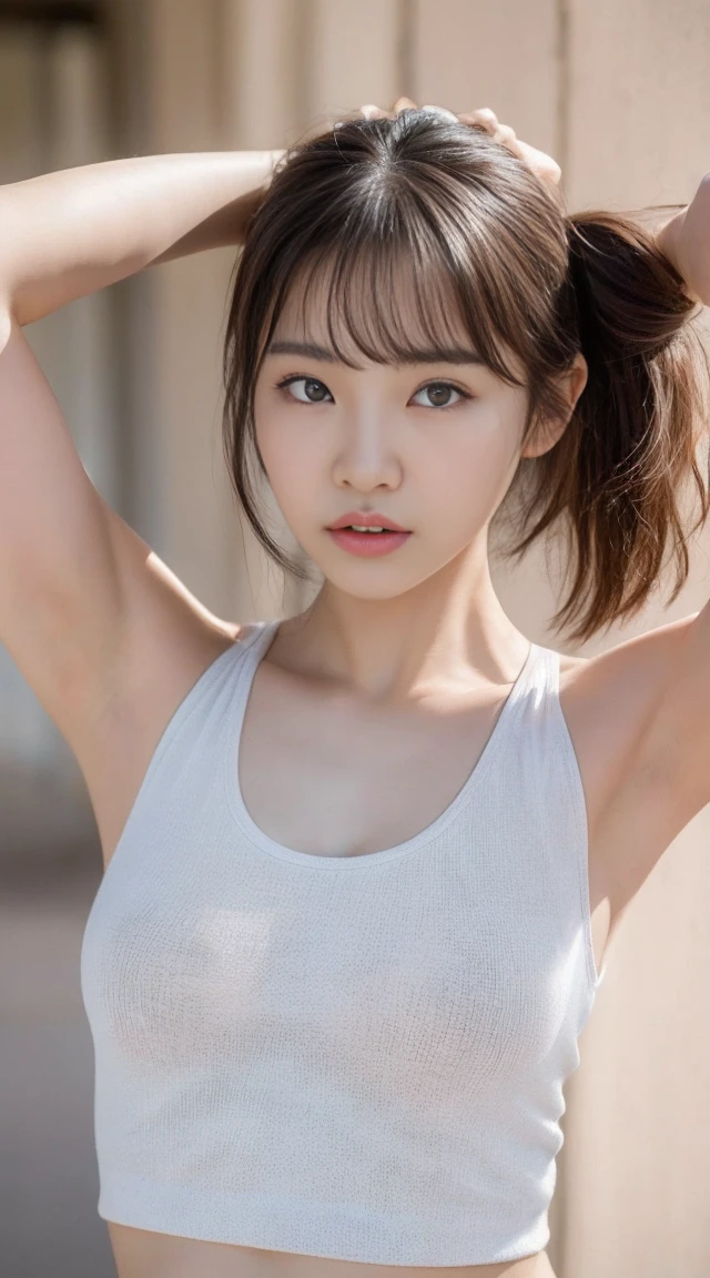 naked korean girl, cute poses ((Best quality, 8k, Masterpiece :1.3)), 1girl, Pretty woman with emphasizing slender abs :1.3, (random hairstyles :1.2), Oversized tank top :1.2, Ultra-detailed face, Detailed eyes, Double eyelid, armpit