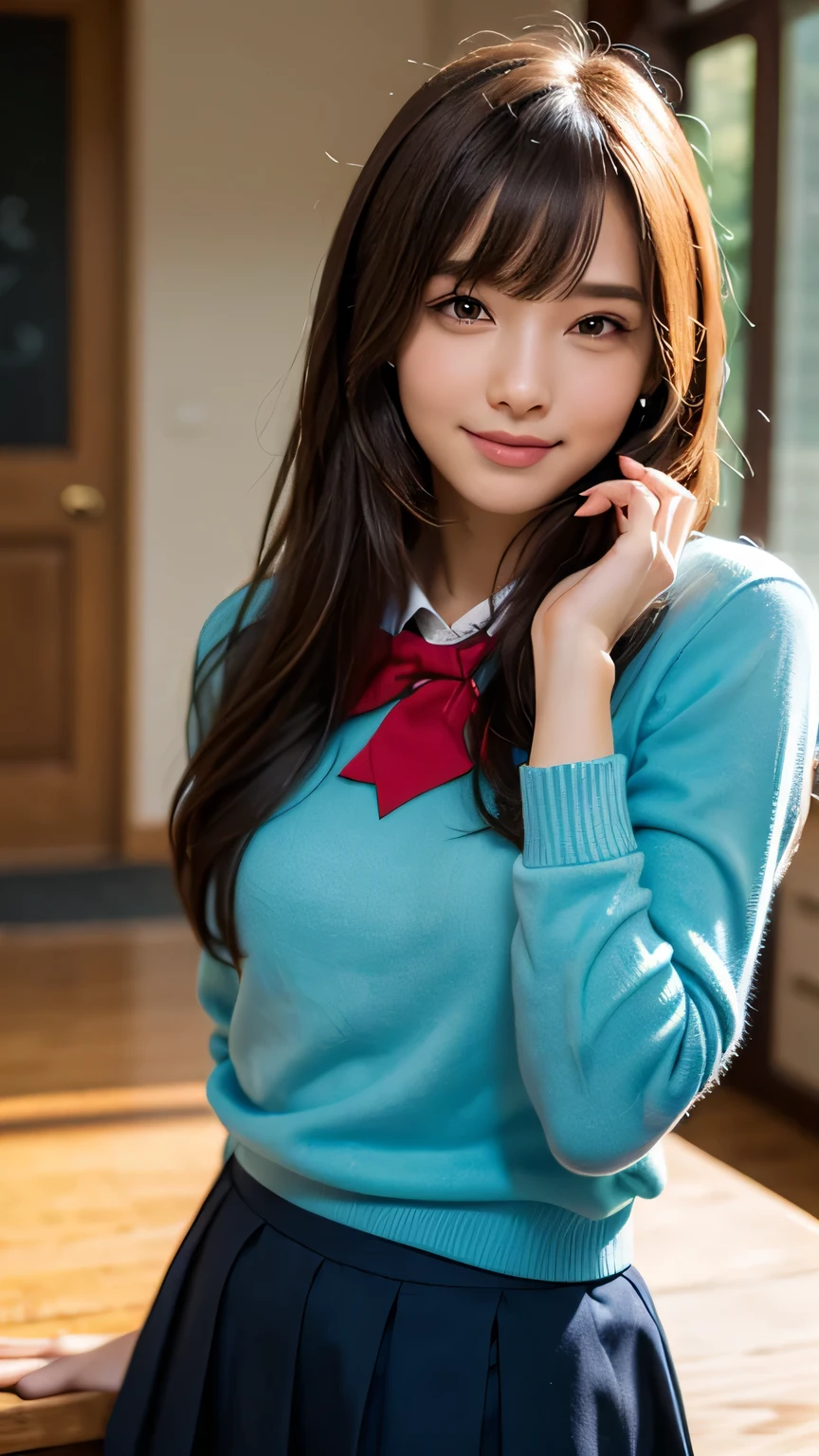 (very delicate and beautiful: 1.2), 1 girl, robber girl, bangs, cute eyes, bow, brown hair, closed mouth, Landscape, hair between eyes, hair bow, long sleeves, looking at the viewer, medium hair, alone, Upper body, Short : 1.3, ((alone)), (masterpiece), blonde、Poses with different movements、With a smile、mini skirt、