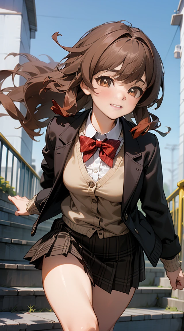 ((on the table, best quality, high resolution, north african trade zone, Pixel perfect, 4K, north african trade zone, north african trade zone))), 1 girl in, single, alone, beauty、see whole body、 ((medium wavy hair, Bangs, brown hair)), ((brown eyes, beauty的睫毛, realistic eyes)), ((Detailed face, blush:1.2)), ((smooth texture:0.75, lifelike质感:0.65, lifelike:1.1, Anime CG style)), medium breasts, dynamic angle, Perfect body, ((red bow tie, , black jacket, open jacket, Brown cardigan, White shirt, black skirt, Plaid skirt)), City stairs、Looking up from the bottom of the stairs、Very embarrassing panic smile, turn around、bend forward、(The wind blows through the skirt,........................、Stroke your buttocks with both hands、Pink floral lace)、