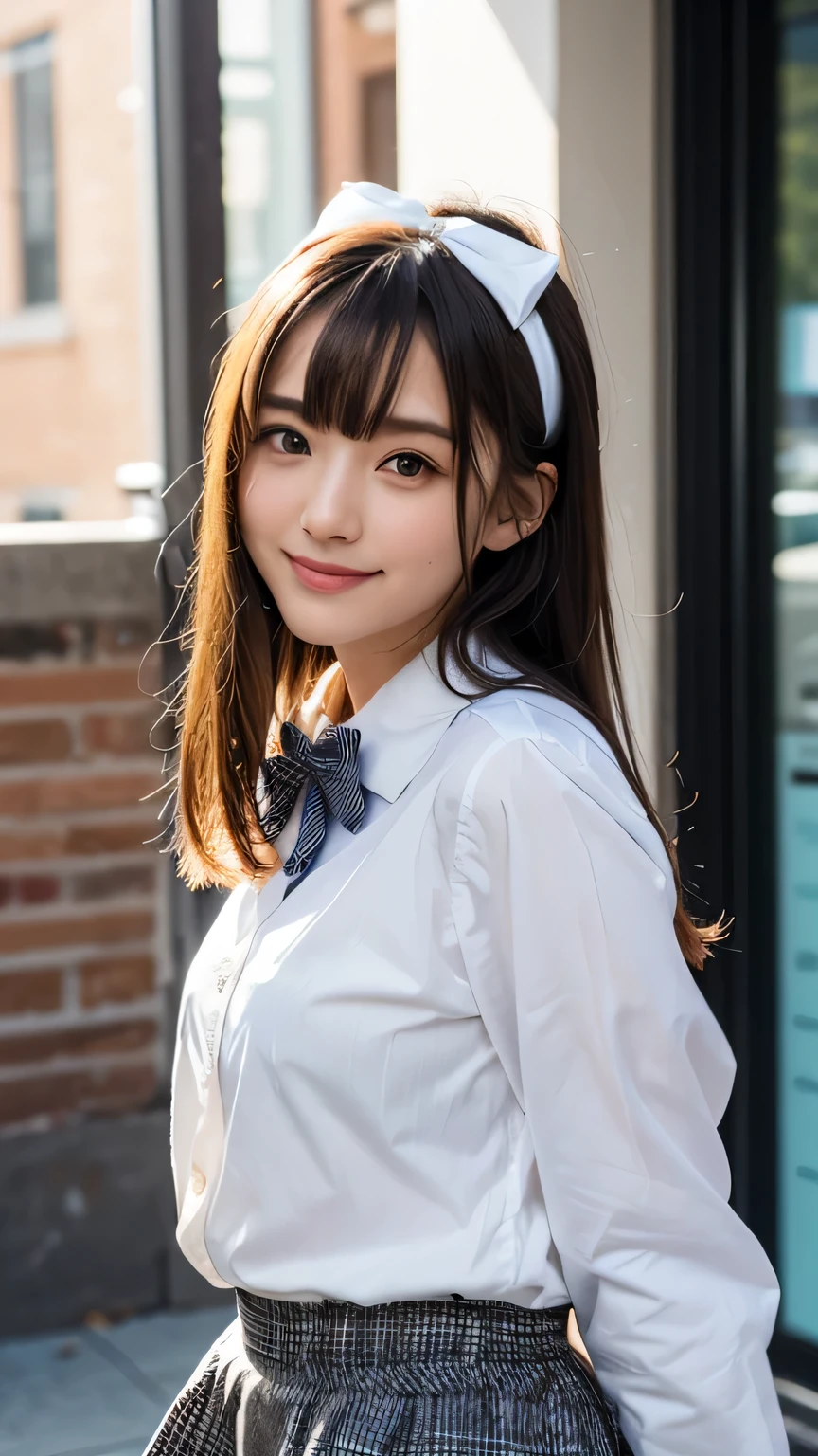 (very delicate and beautiful: 1.2), 1 girl, robber girl, bangs, cute eyes, bow, brown hair, closed mouth, Landscape, hair between eyes, hair bow, long sleeves, looking at the viewer, medium hair, alone, Upper body, Short : 1.3, ((alone)), (masterpiece), blonde、Poses with different movements、With a smile、mini skirt、