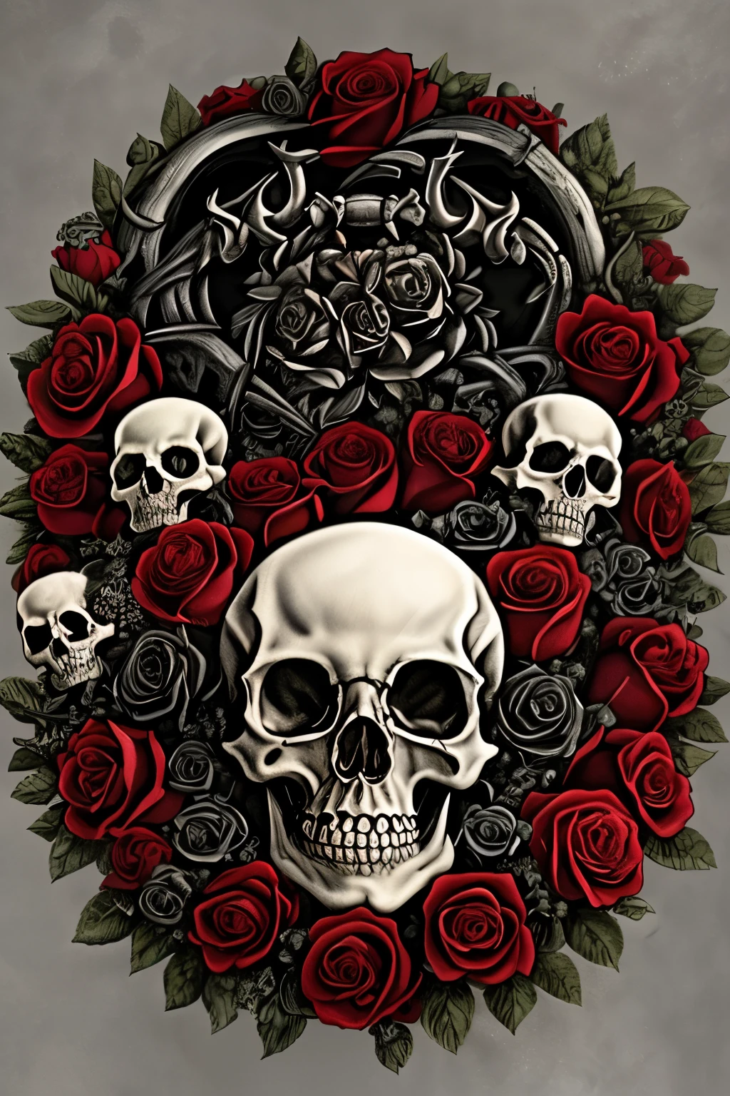 skulls and roses are arranged in a circle on a gray background, skull made of red roses, skulls, skull bones flowers, skulls around, scary detailed art in color, morphing skulls, skulls and skeletons, background artwork, skulls and bones, sacred skulls, close up guns and roses, with a crown of skulls, skull faces, adorned with demon skulls