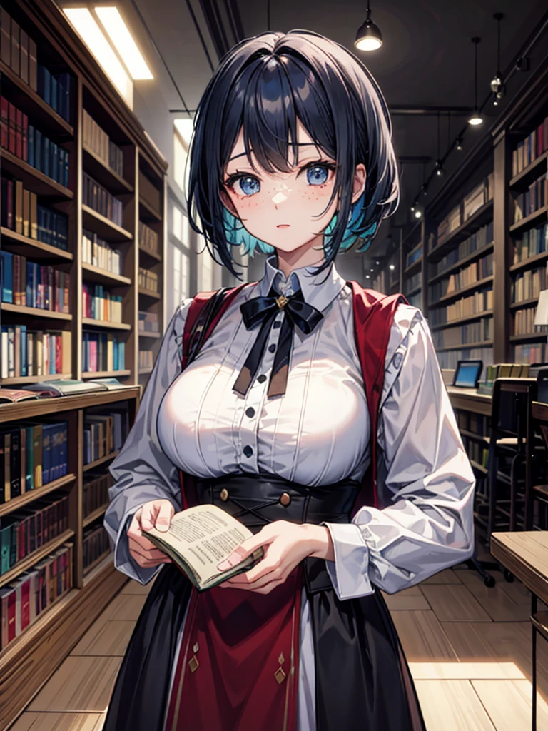 (((masterpiece、Highest image quality、highest quality、highly detailed unity 8kwallpaper)))、((Illustration of one girl、upper body))、(((beautiful girl)))、(librarian)、((blue hair、freckles))、(stocky build, thickset physique:1.3, broad shoulders, solid chest)、big breasts、librarian服、great medieval library