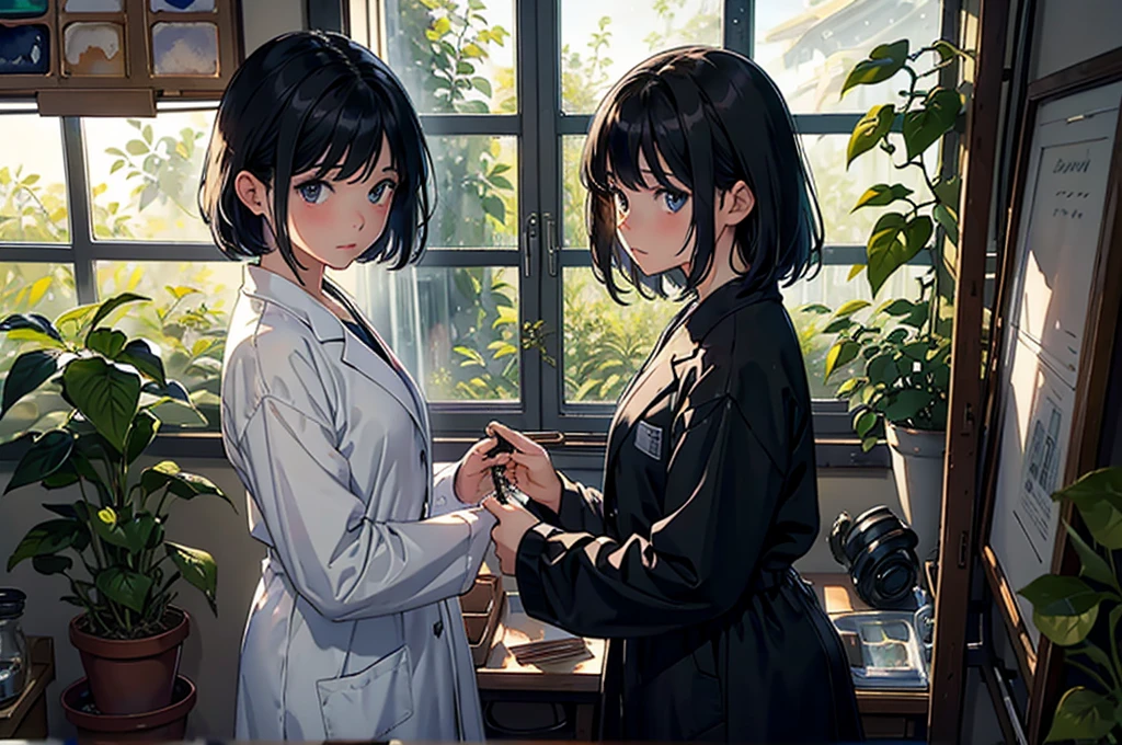Sisters with height difference,sexual behavior,ponytail,Lesbian,See-through clothing,Estrus,Laboratory,Touching the genitals