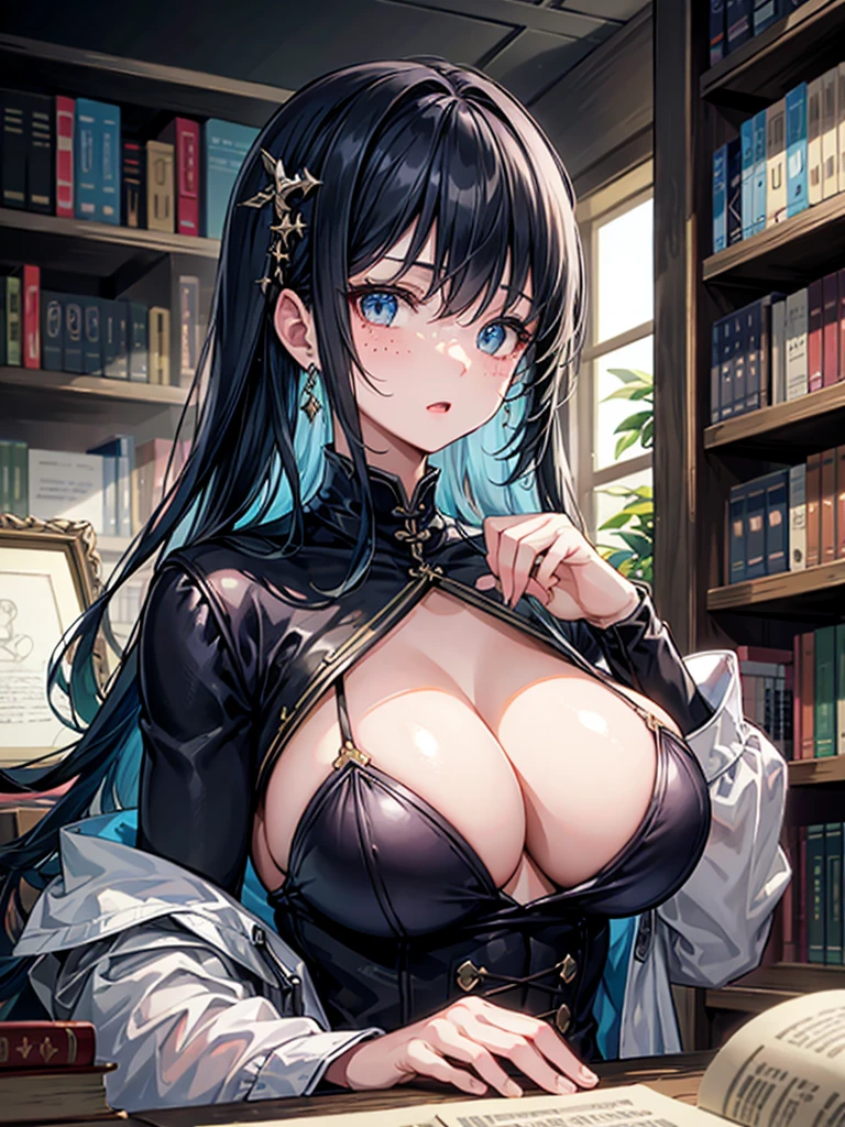 (((masterpiece、Highest image quality、highest quality、highly detailed unity 8kwallpaper)))、((Illustration of one girl、upper body))、(((beautiful girl)))、(librarian)、((blue hair、freckles))、(stocky build, thickset physique:1.3, broad shoulders, solid chest)、big breasts、librarian服、great medieval library