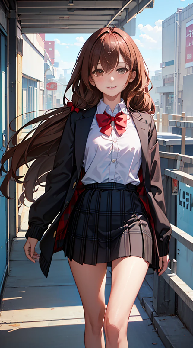 ((on the table, best quality, high resolution, north african trade zone, Pixel perfect,  4K, north african trade zone, north african trade zone))), 1 girl in, single, alone, beauty、see whole body、 ((medium wavy hair, Bangs, brown hair)), ((brown eyes, beauty的睫毛, realistic eyes)), ((Detailed face, blush:1.2)), ((smooth texture:0.75, lifelike质感:0.65, lifelike:1.1, Anime CG style)), medium breasts, dynamic angle, Perfect body,  ((red bow tie, , black jacket, open jacket, Brown cardigan, White shirt, black skirt, Plaid skirt)), City stairs、Looking up from the bottom of the stairs、Very embarrassing panic smile, turn around、bend forward、(The wind blows through the skirt，Expose assa........................、Stroke your buttocks with both hands、Pink floral lace)、