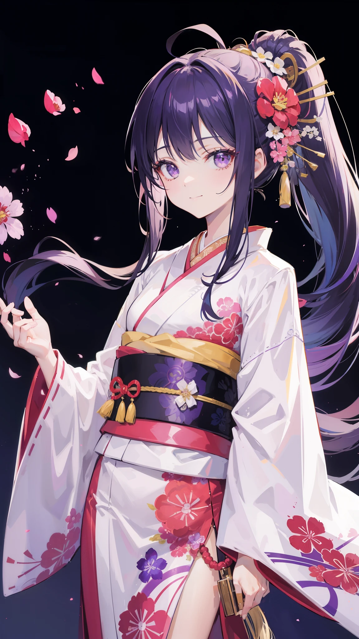 32k, 1girl, solo, long hair, looking at viewer, smile, bangs, hair ornament, long sleeves, closed mouth, standing, ponytail, flower, japanese clothes, hair flower, wide sleeves, kimono, sash, depth of field, (Japanese style background), obi, antenna hair, high ponytail, pink flower, purple flower, purple kimono, zouri,
