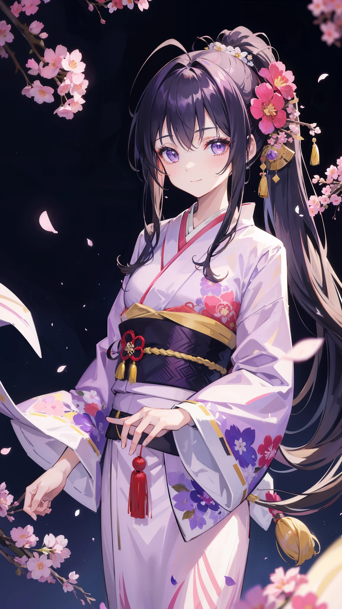 32k, 1girl, solo, long hair, looking at viewer, smile, bangs, hair ornament, long sleeves, closed mouth, standing, ponytail, flower, japanese clothes, hair flower, wide sleeves, kimono, sash, depth of field, (Japanese style background), obi, antenna hair, high ponytail, pink flower, purple flower, purple kimono, zouri,