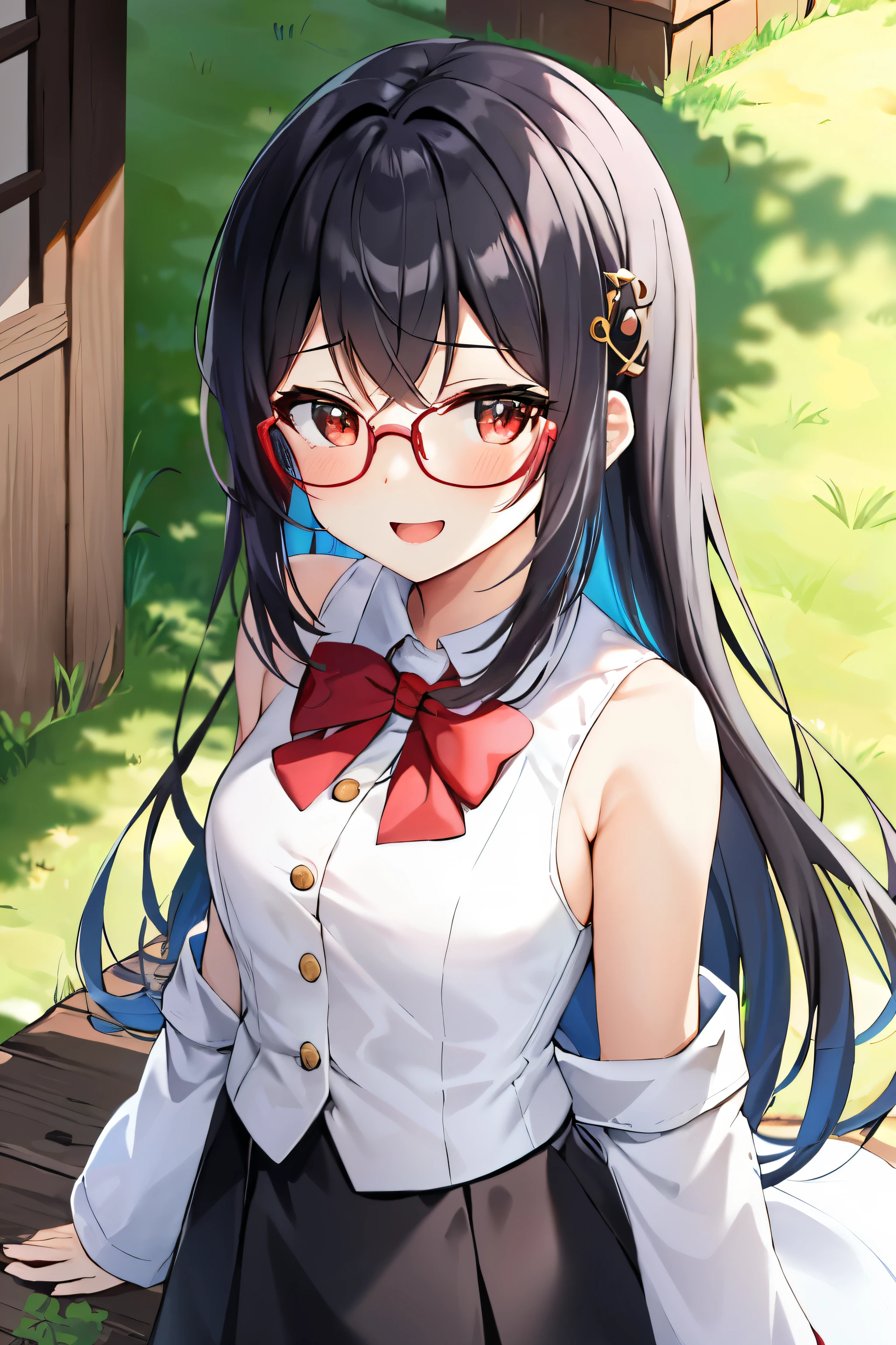 masterpiece, best quality, purah, red glasses, hair ornament, white jacket, sleeveless shirt, black skirt, upper body, from above, looking at viewer, smile, open mouth, furrowed brow, rustic village