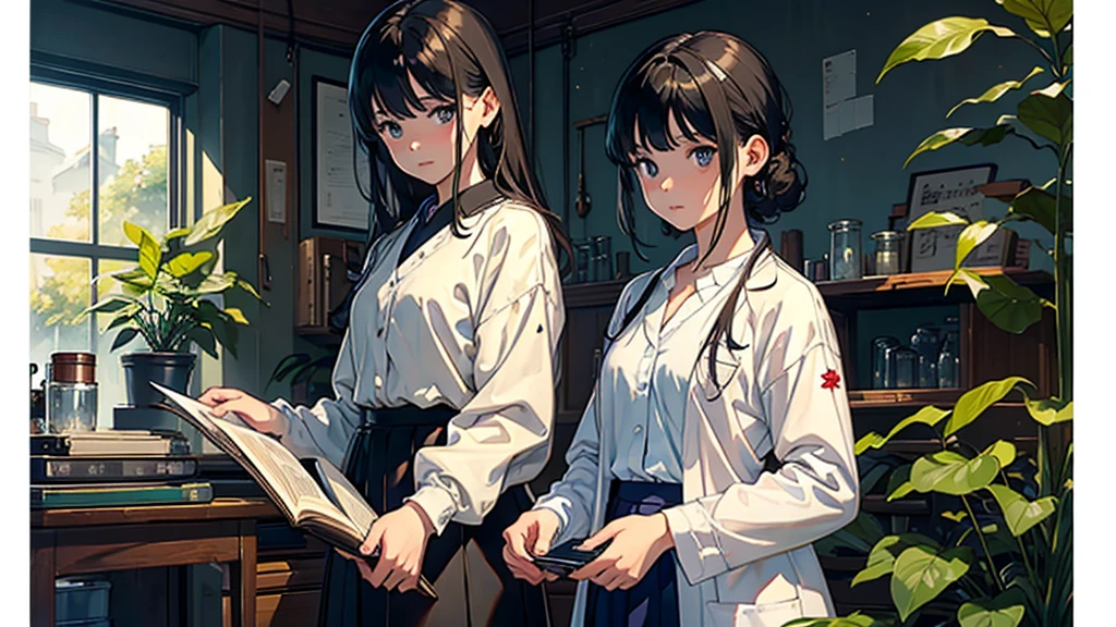 ((Watercolor by singer Sargent))、(highest quality、masterpiece)、1 girl、17 years old、wonderful、short black hair、black eye、small breasts、uniform、long skirt、Wearing a lab coat、(Geoscience Research Laboratory、鉱物標Book、microscope、Labware)、Book、machine、Floral、window、Foliage plant、 wood、soft light、