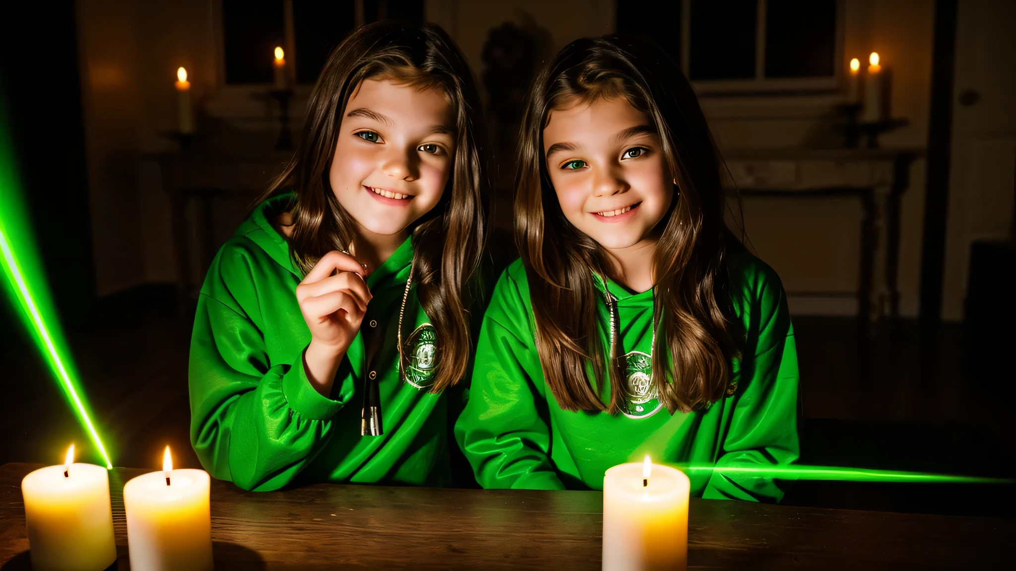 KIDS vampire green clothes. and candles. green laser.