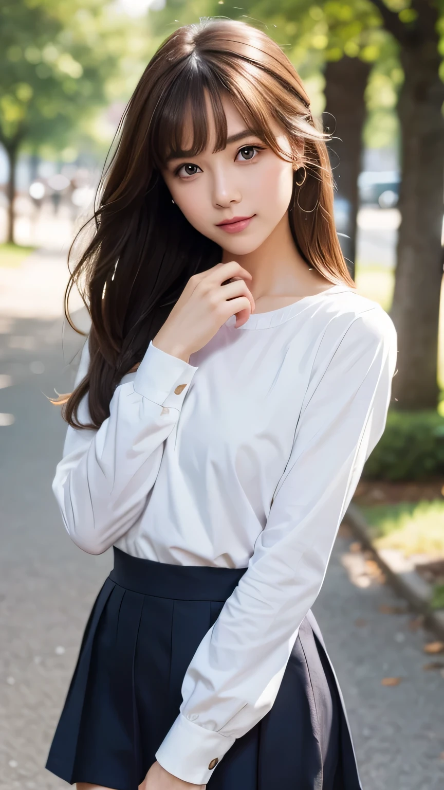 (very delicate and beautiful: 1.2), 1 girl, robber girl, bangs, cute eyes, bow, brown hair, closed mouth, Landscape, hair between eyes, hair bow, long sleeves, looking at the viewer, medium hair, alone, Upper body, Short : 1.3, ((alone)), (masterpiece), blonde、Poses with different movements、With a smile、mini skirt、