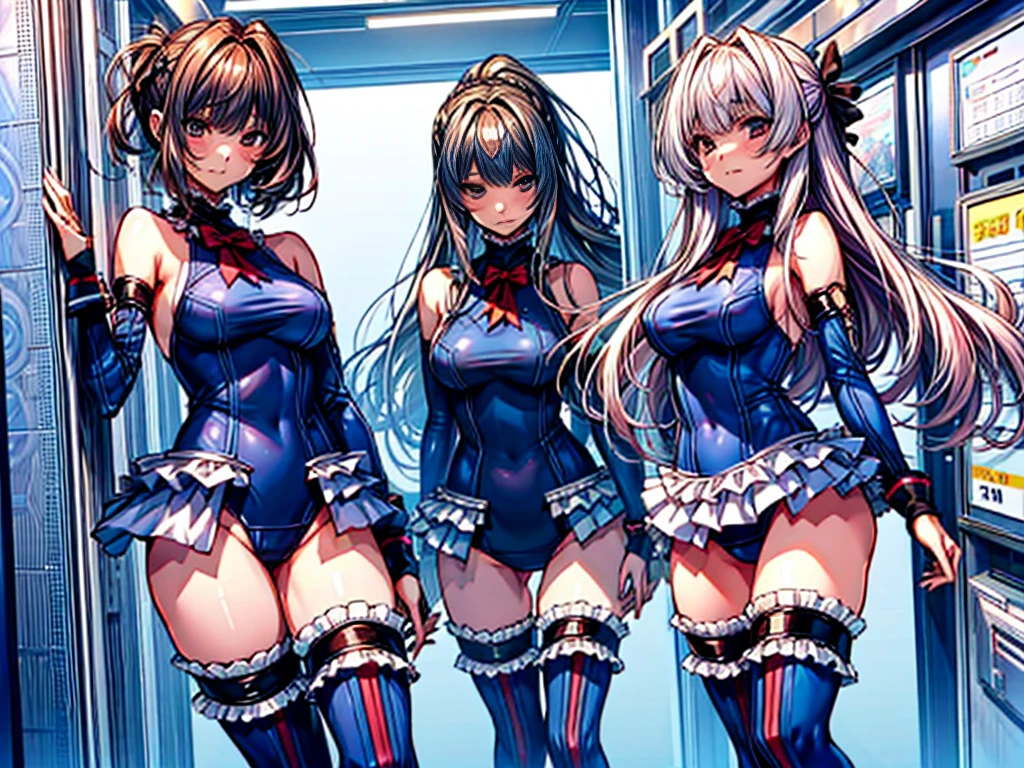 3girls, ( (Digital) (8k ), medium breasts, (frilled swimsuit, thighhighs, detached sleeves)) , highest quality, marierose,1 girl,,,(Inside a futuristic research facility)