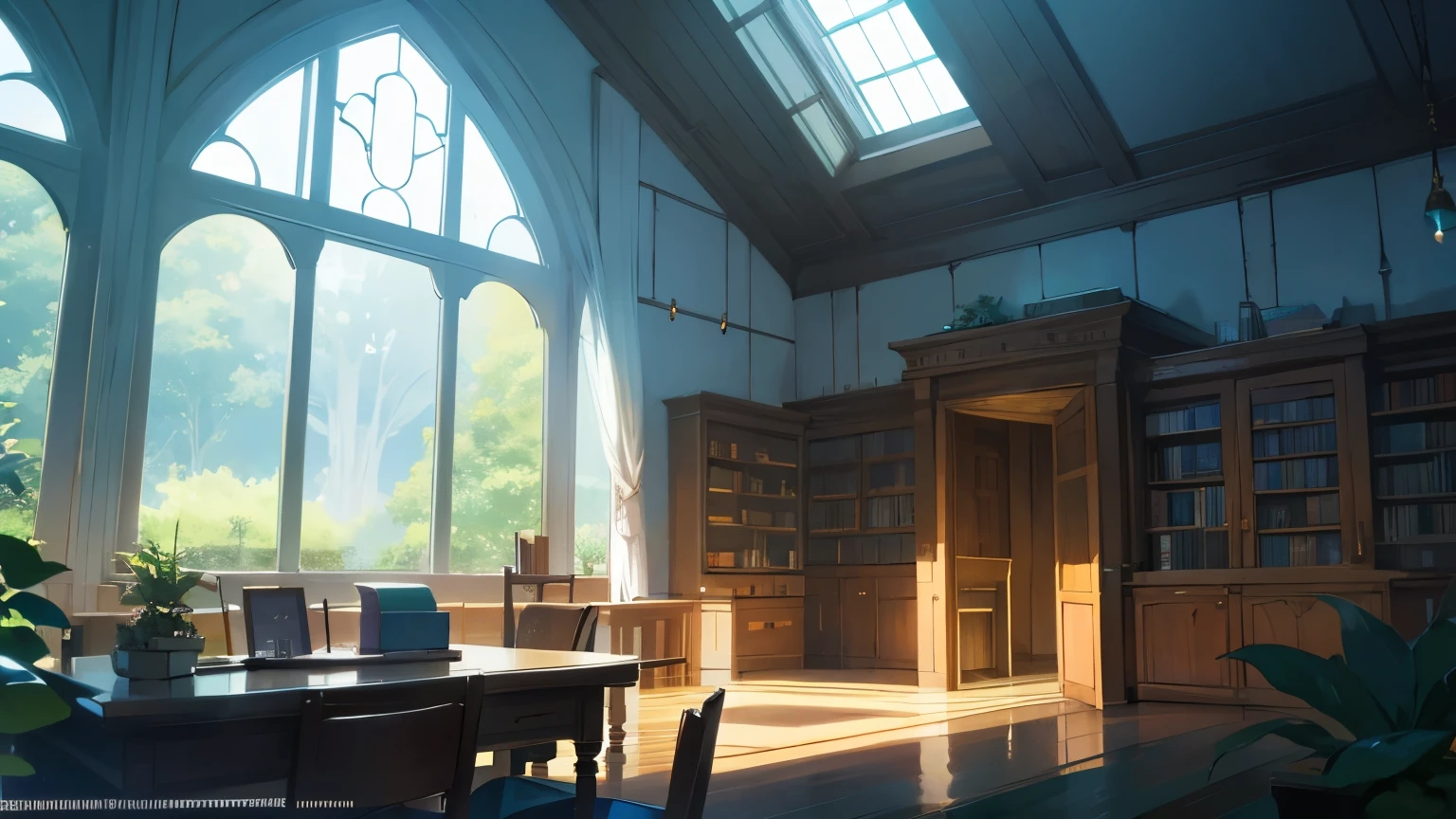 Light room, cabin, landscape, library, inside, pretty, fantasy, anime, plants