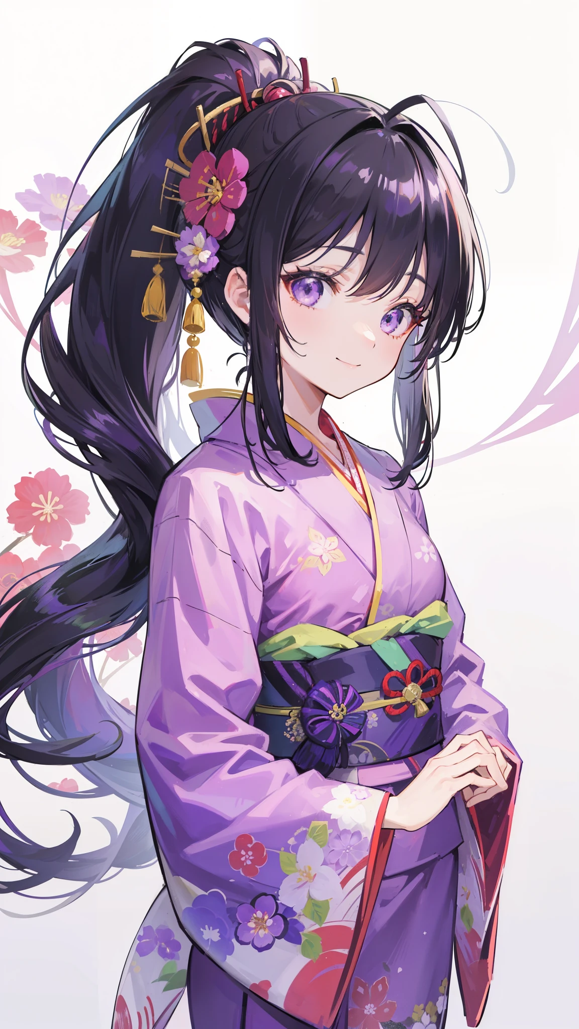 32k, 1girl, solo, long hair, looking at viewer, smile, bangs, hair ornament, long sleeves, closed mouth, standing, ponytail, flower, japanese clothes, hair flower, wide sleeves, kimono, sash, Japanese style background, obi, antenna hair, high ponytail, pink flower, purple flower, purple kimono, zouri,