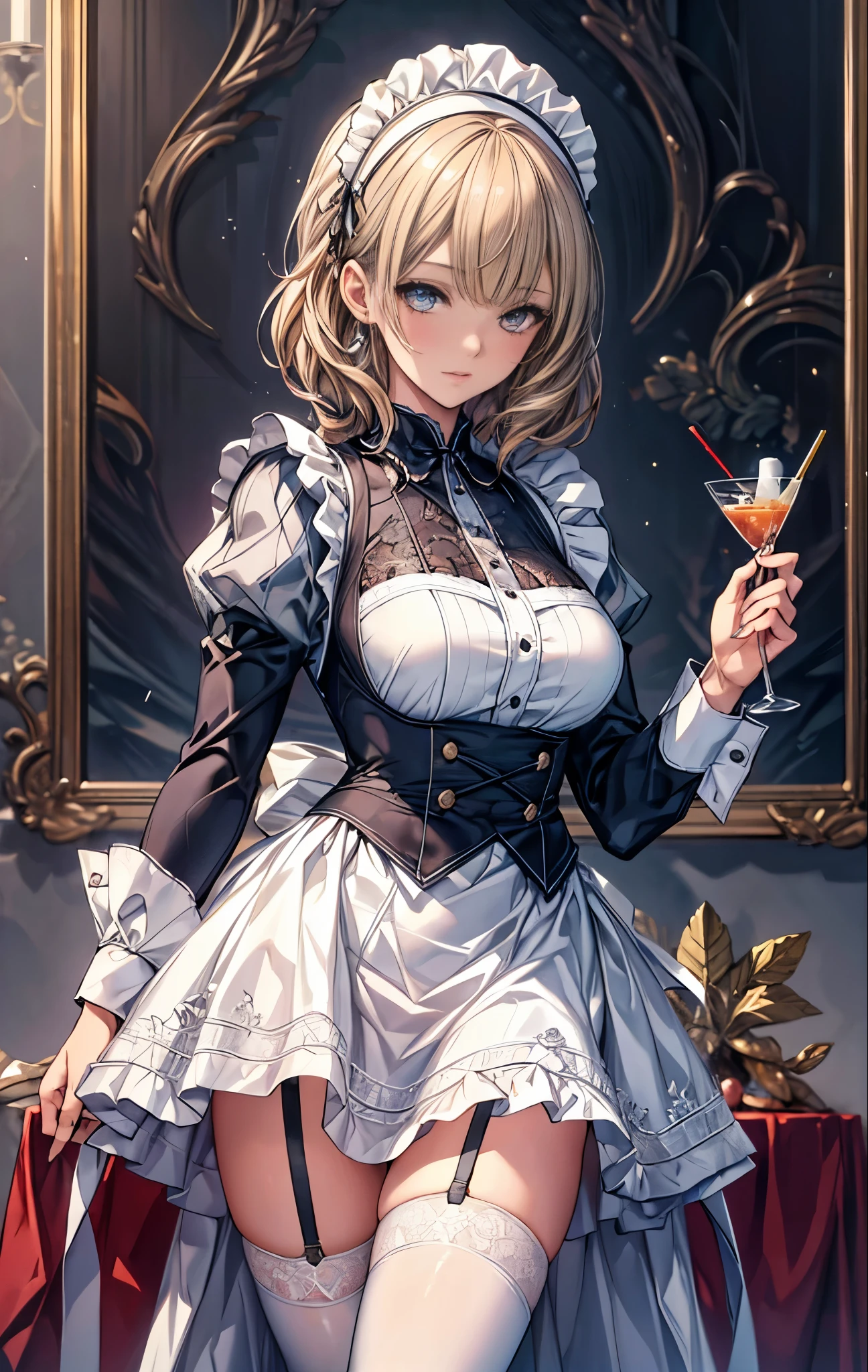 ((top quality)),(Super high resolution),(super detailed face),(detailed description),((best anime)),(best work of art),sharp, super precision art, amazing art of depiction,The beauty of intricate and meticulous details:1.3, ((woman:1.5)), clear shining eyes, very detailed, high quality, masterpiece, beautiful, alone, 1 girl, nevin, maid, maid headdress, maid apron, mini skirt, garter belt,