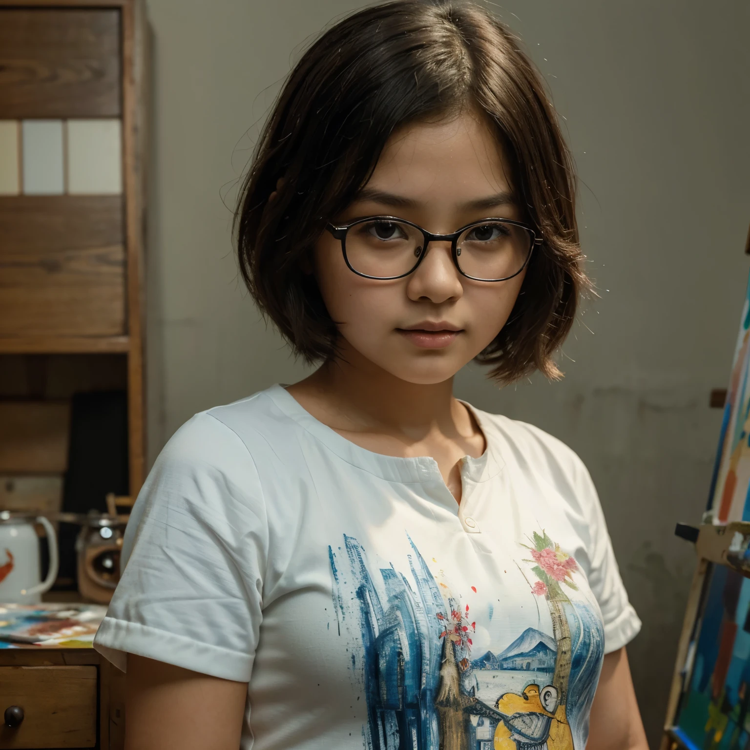 (Close-up of the painting style,Ultra HD 8K,Masterpiece grade CG wallpaper), cute young girl, , Malaysian, wear glasses, chubby chick,