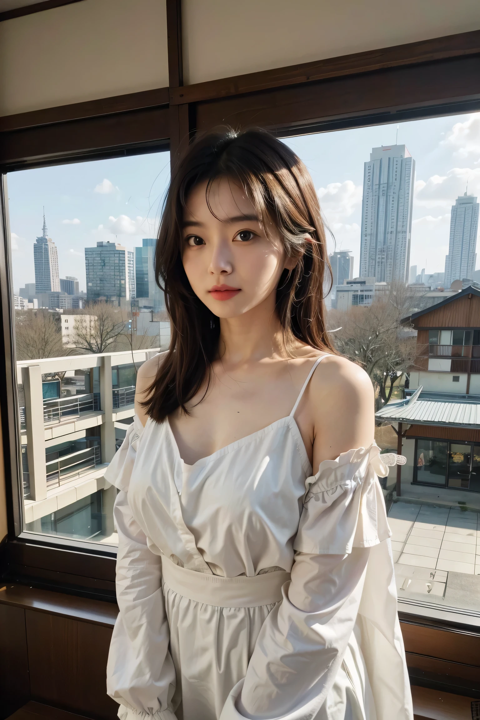 1 cute girl,moyou,actual,master piece,highest quality,The content is very detailed,SHOON.,medium hair,,kimono,shoulder,chest,Barefoot,overlook the city,looking at the viewer,