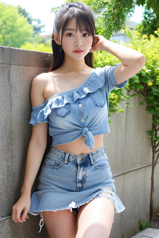 ((highest quality)), ((masterpiece)),  real Japanese beautiful girl idol high school student、ponytail、summer、Above the knee 40cm denim micro mini hot pants、low rise、damage denim、one knot shirt、beautiful thighs、beautiful little valley、Upskirt、downblouse、Armpit、transparent clothes、nipple、crawl on all fours
