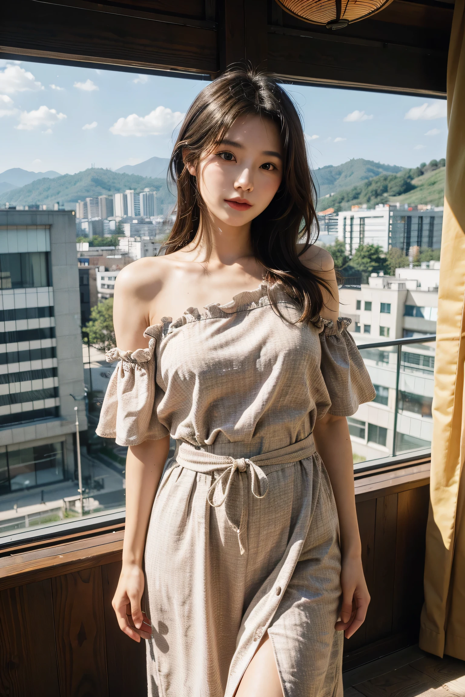1 cute girl,moyou,actual,master piece,highest quality,The content is very detailed,SHOON.,medium hair,,kimono,shoulder,chest,Barefoot,overlook the city,looking at the viewer,