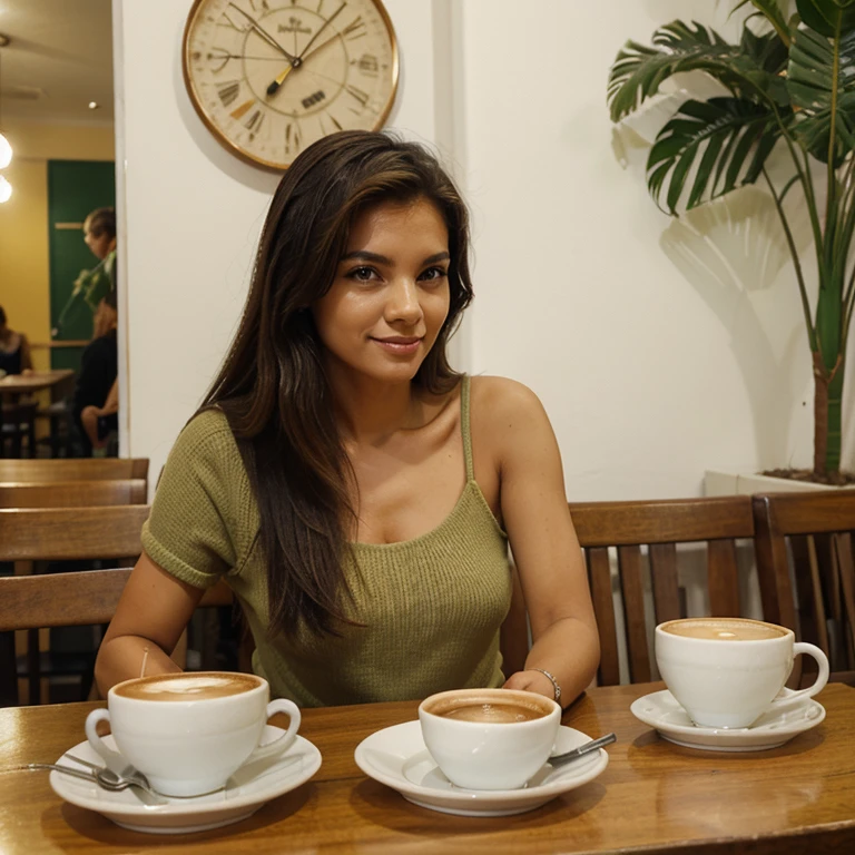 Modelo brasileira, friendly about 20 years ago,, academia, rua da moda, roupas leves e claras, sitting in a café, on the table a cup of coffee and a slice of pie on the plate