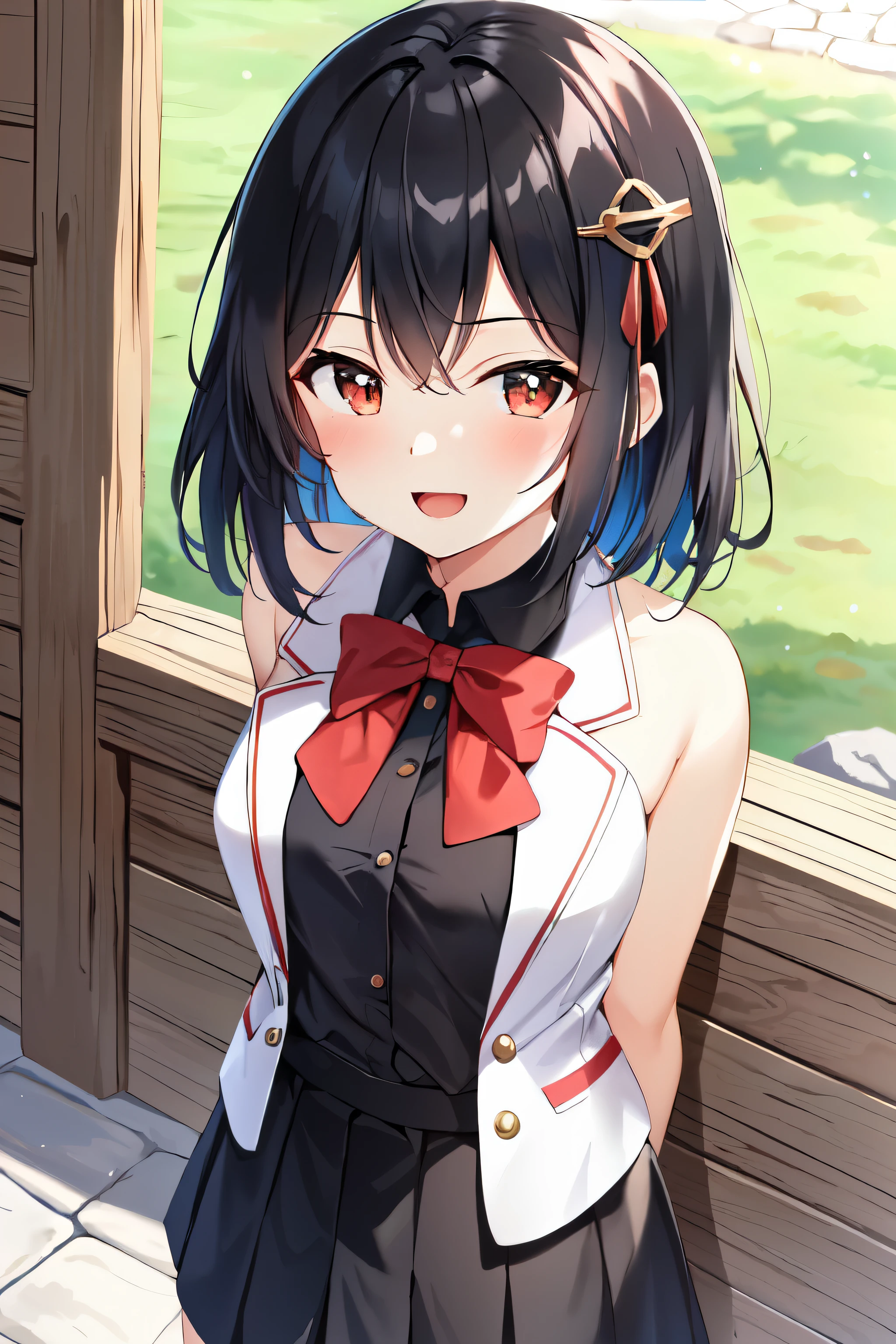 masterpiece, best quality, purah, red glasses, hair ornament, white jacket, sleeveless shirt, black skirt, upper body, from above, looking at viewer, smile, open mouth, furrowed brow, rustic village